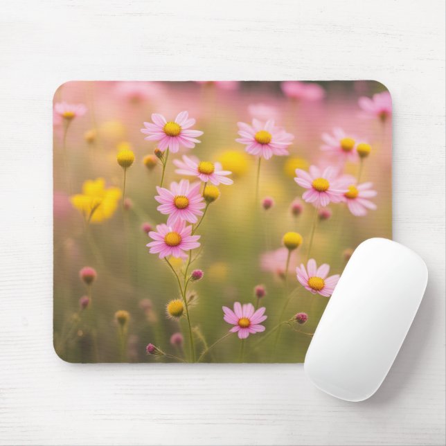 Tapis De Souris Fleur sauvage rose - Champ de marguerite (Avec souris)
