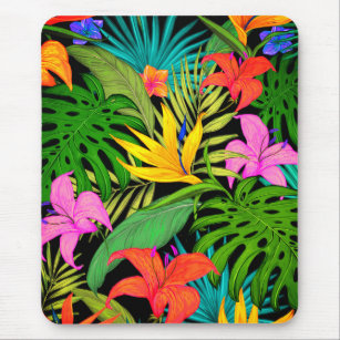 Tapis De Souris Fleur tropicale et feuille de palmier coloré hawaï