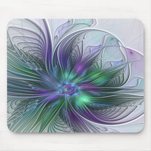 Tapis De Souris Fleur verte abstraite moderne fractale pourpre (Devant)