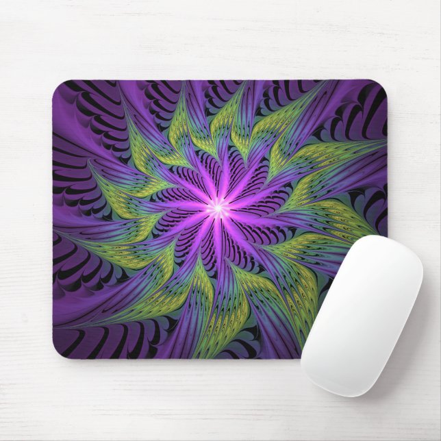 Tapis De Souris Fleur verte violette Art abstrait fractal moderne (Avec souris)