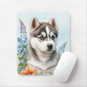 Tapis De Souris Fleurs à l'aquarelle et chiot husky sibérien