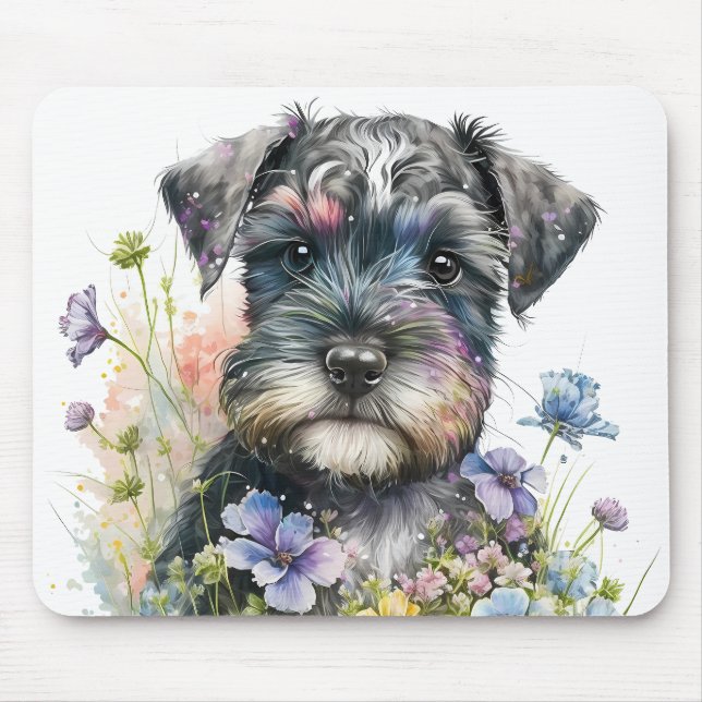 Tapis De Souris Fleurs à l'aquarelle et chiot schnauzer (Devant)