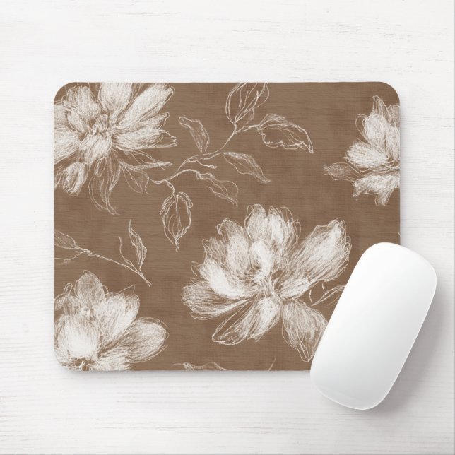 Tapis De Souris Fleurs Abstraites Marron Blanc (Avec souris)