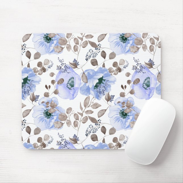 Tapis De Souris Fleurs Aquarelles Bleues Chic (Avec souris)