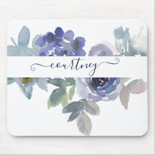 Tapis De Souris Fleurs aquarelles bleues et vertes personnalisées