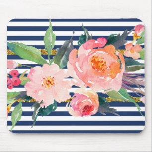 Tapis De Souris Fleurs aquarelles girly modernes chic -Rayures