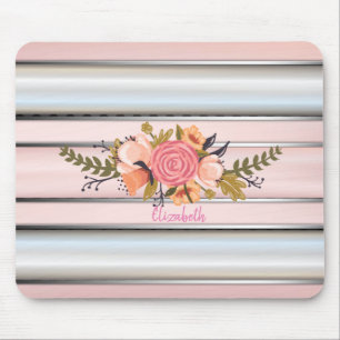 Tapis De Souris Fleurs aquarelles, rayures argentées - Personnalis