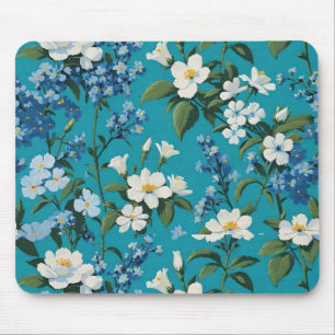 Tapis De Souris Fleurs blanches et bleues avec fond sarcelle flora