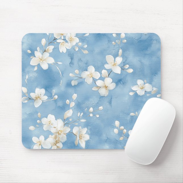 Tapis De Souris Fleurs blanches jolies bleu ciel  (Avec souris)