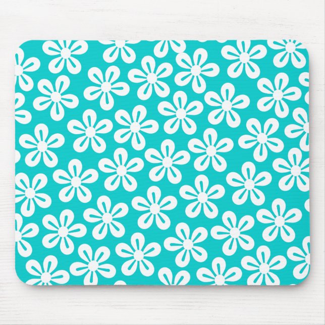 Tapis De Souris Fleurs Blanches Sur Mousepad Turquoise (Devant)