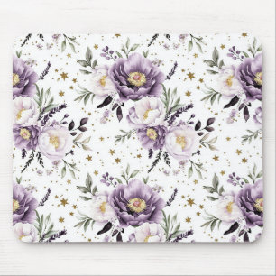 Tapis De Souris Fleurs blanches violettes Étoiles dorées