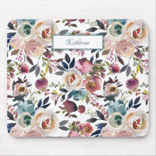 Tapis De Souris Fleurs bleues bleues Dusty couleur rose pâle clas