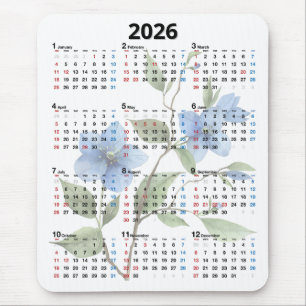 Tapis De Souris Fleurs Bleues Calendrier 2026 Sur Fond Blanc