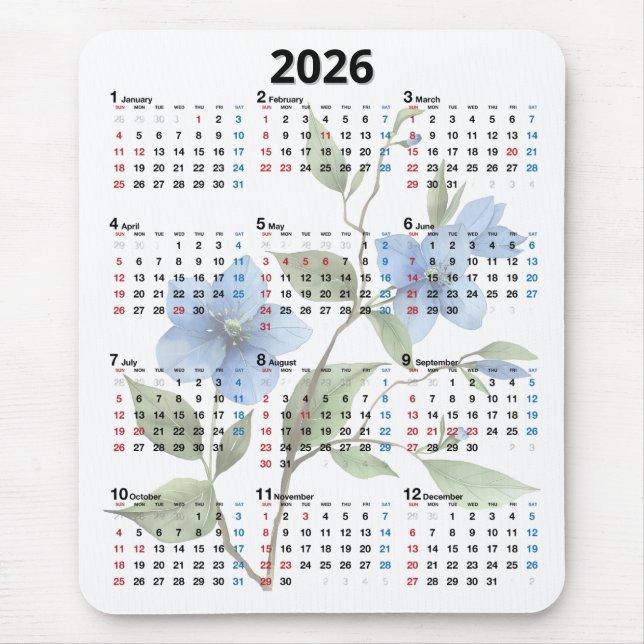 Tapis De Souris Fleurs Bleues Calendrier 2026 Sur Fond Blanc (Devant)