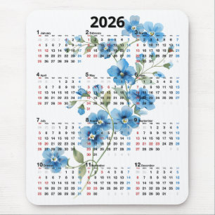 Tapis De Souris Fleurs Bleues Calendrier 2026 Sur Fond Blanc