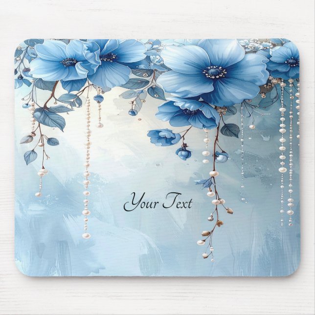 Tapis de souris Fleurs bleues et perles (Devant)