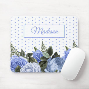 Tapis De Souris Fleurs Bleues Feuilles Vertes Monogramme Points Bl