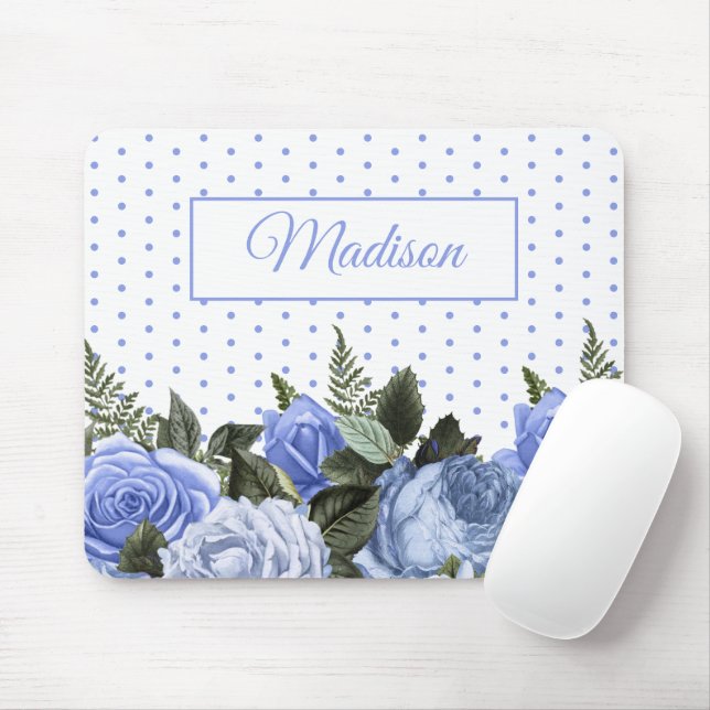 Tapis De Souris Fleurs Bleues Feuilles Vertes Monogramme Points Bl (Avec souris)