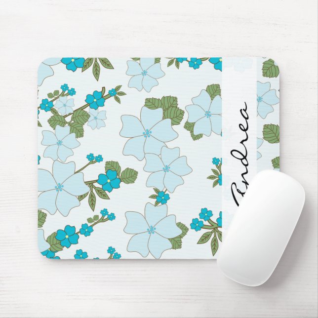 Tapis De Souris Fleurs Bleues, Motif De Fleurs, Votre Nom (Avec souris)