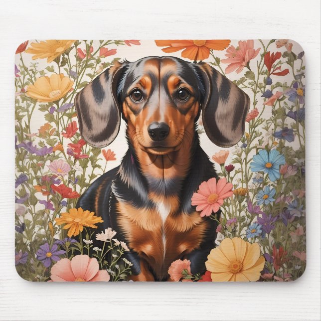 Tapis De Souris Fleurs Brown De Dachshund Et Cosmos (Devant)