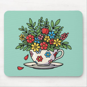 Tapis De Souris Fleurs Colorées dans une Tasse à Thé Vintage