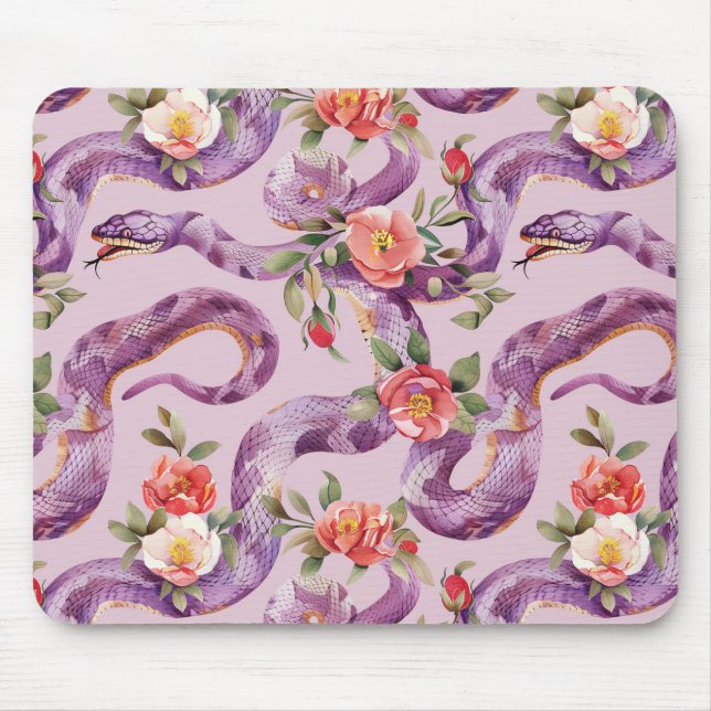 Tapis De Souris Fleurs Crème Rouges Serpents Violets (Devant)