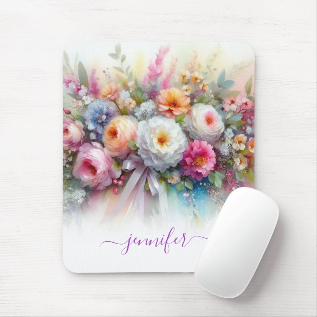 Tapis De Souris Fleurs d'aquarelle élégantes Nom de script Vertica (Avec souris)