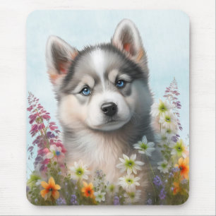 Tapis De Souris Fleurs d'aquarelle et chiot sibérien Husky
