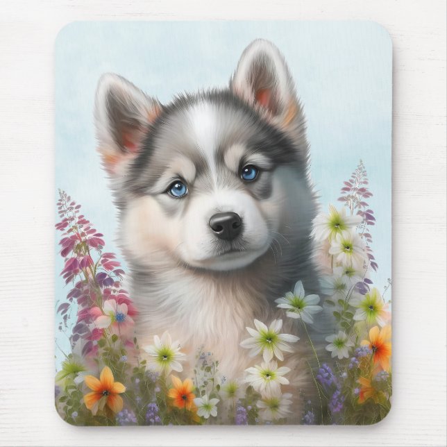 Tapis De Souris Fleurs d'aquarelle et chiot sibérien Husky (Devant)