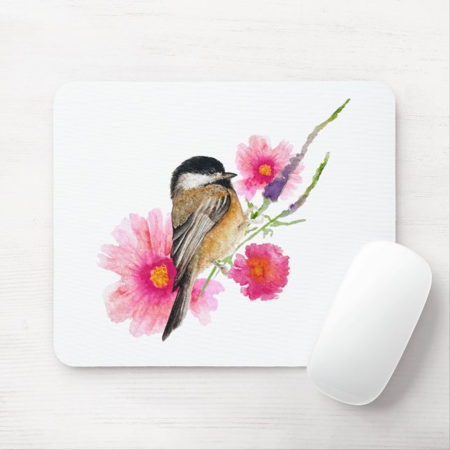 Tapis De Souris Fleurs d'aquarelle noir de poulet (Avec souris)