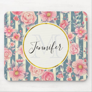 Tapis De Souris Fleurs d'aquarelle rose sur bandes Mousepad