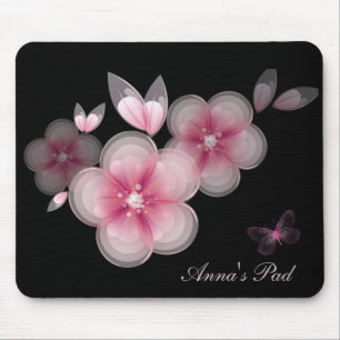 Tapis De Souris Fleurs de cerise rose avec papillon sur le noir