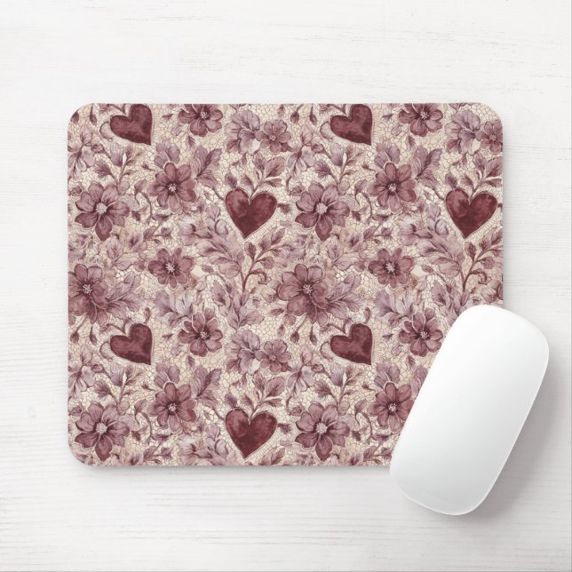 Tapis De Souris Fleurs de coeurs rouges burgundy crème (Avec souris)