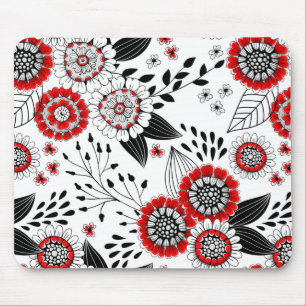Tapis De Souris Fleurs de gribouillis et feuilles en rouge et noir