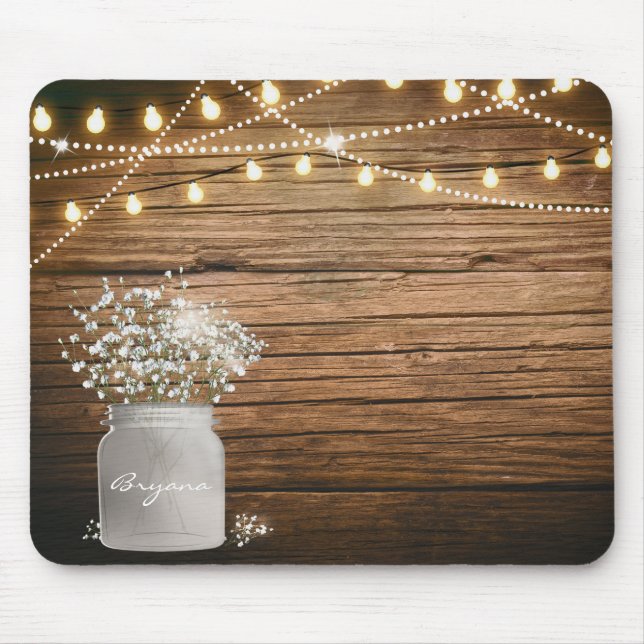 Tapis De Souris Fleurs de Gypsophile dans un Pot Mason Rustique &  (Devant)