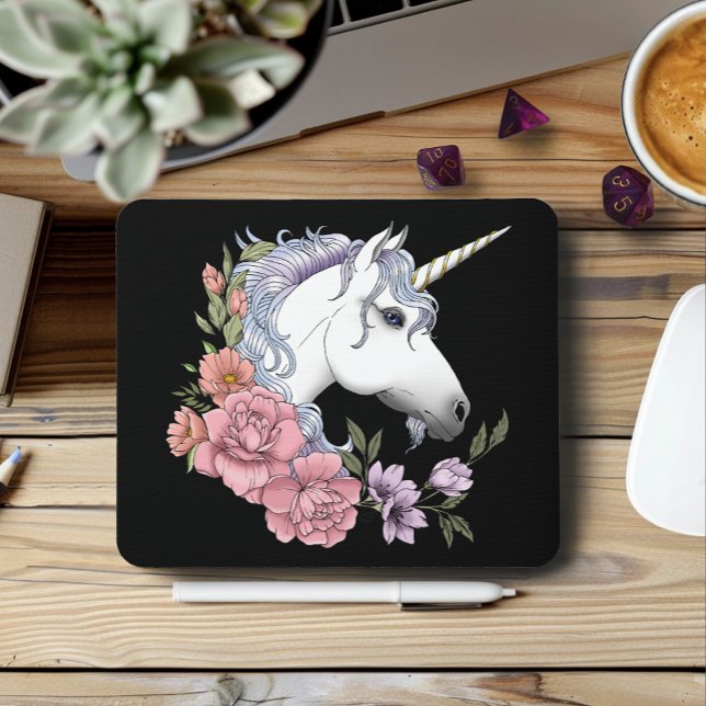 Tapis De Souris Fleurs de licorne blanche enchantée rose noir (Créateur téléchargé)