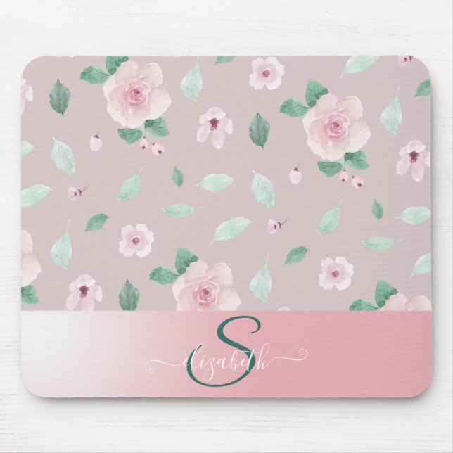 Tapis De Souris Fleurs de monogramme aquarelle chic (Devant)