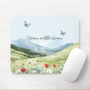 Tapis De Souris Fleurs de pavot rouge papillons bleus