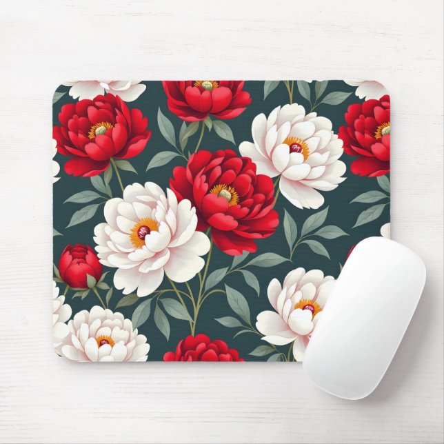 Tapis De Souris Fleurs de pivoine rouges et blanches  (Avec souris)