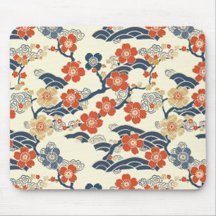 Tapis De Souris Fleurs de prunier japonais Ume bleu marine crème