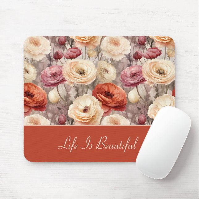 Tapis De Souris Fleurs de Ranunculus Crème Rose Rouge   (Avec souris)