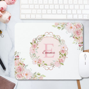 Tapis De Souris Fleurs de rose rose blush à aquarelle en monogramm