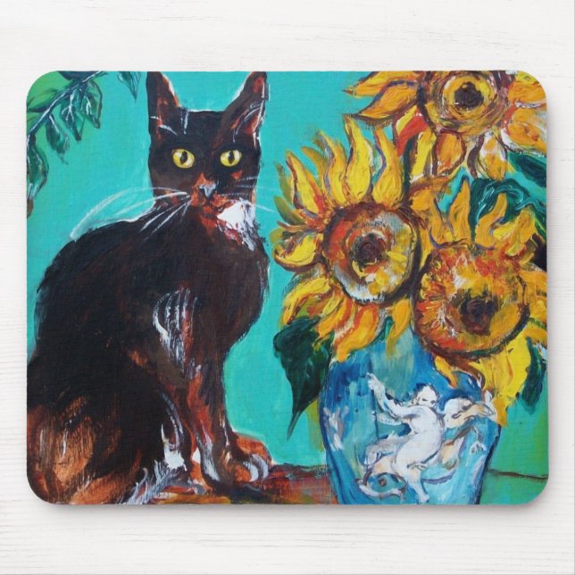 Tapis De Souris Fleurs de soleil avec chat (Devant)