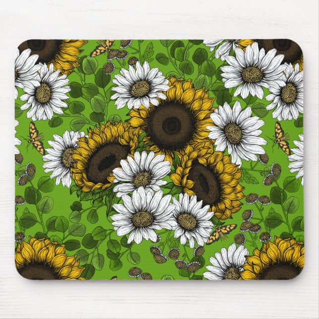 Tapis De Souris Fleurs de soleil et marguerites, jardin d'été (Devant)