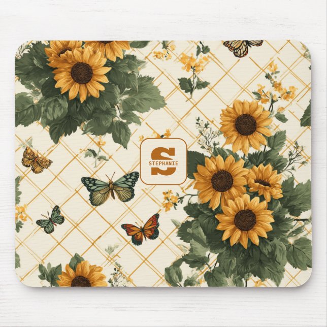 Tapis De Souris Fleurs de soleil et papillons sur Jaune clair (Devant)
