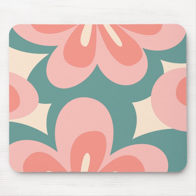 Tapis De Souris Fleurs de style rétro rose et turquoise (Devant)