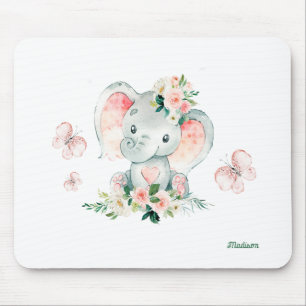 Tapis De Souris Fleurs d'éléphants mignons et papillons
