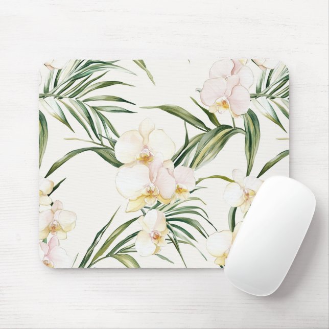Tapis De Souris Fleurs d'orchidées blanches tropicales (Avec souris)