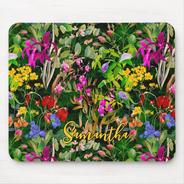 Tapis De Souris Fleurs douces feuille vert motif monogramme (Devant)