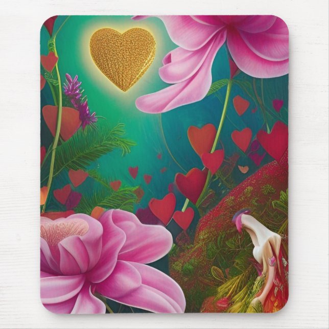 Tapis De Souris Fleurs et Coeurs rouges et roses (Devant)